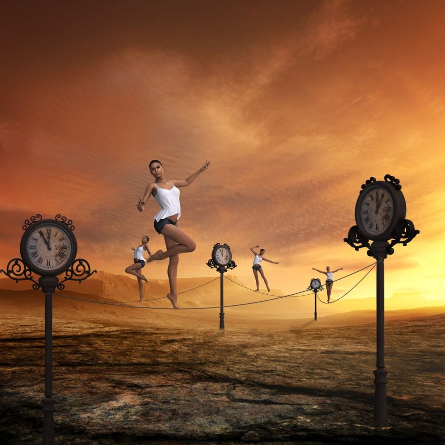 image of a woman walking a tight rope anchored by time