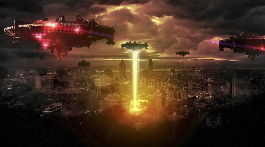 photo manipulation spaceships over a metropolis
